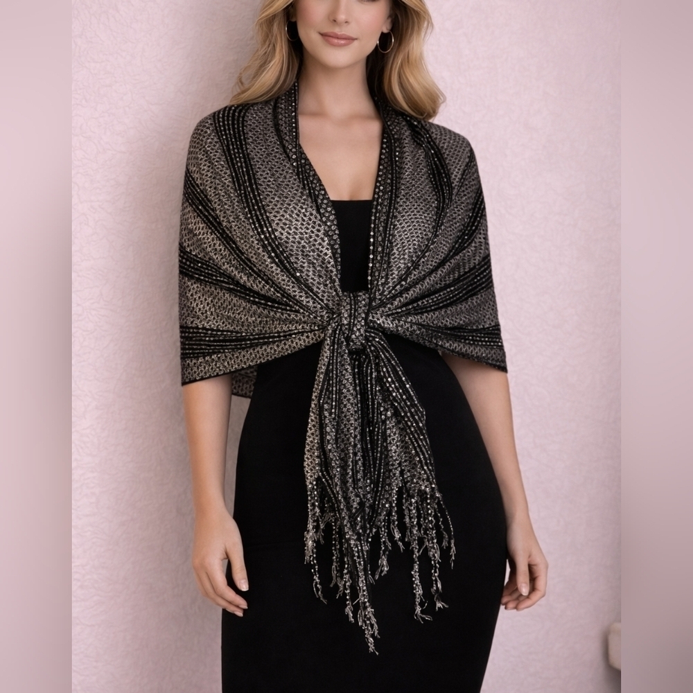 Vtg KENSIE Black Metallic Silver Disco Fringe Holiday Wrap Shawl